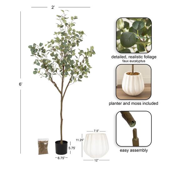 Kate and Laurel 6ft. Eudora Faux Eucalyptus Tree with Claudel Scalloped Planter